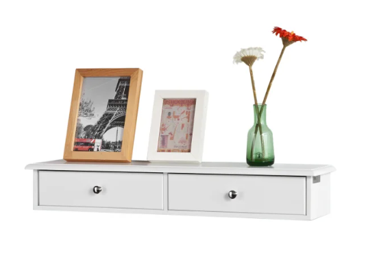 SoBuy Wandregal FRG43-W – Hängeregal mit 2 Schubladen, weiß, MDF, platzsparend für Flur, Bad oder Küche